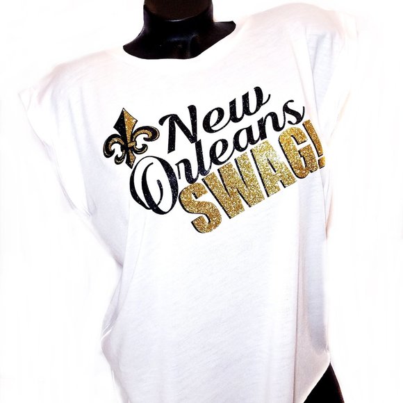 New Orleans Swag White Flowy Muscle Tee~Rolled Cuff. High low rawedge hem bottom - Picture 1 of 4